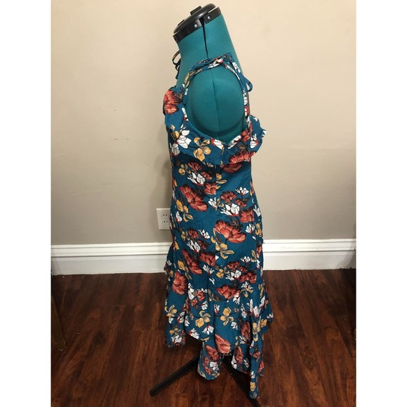🧺Hayden Teal Floral Print Cold Shoulder High Low Ruffle Midi Dress, L - Picture 3 of 5